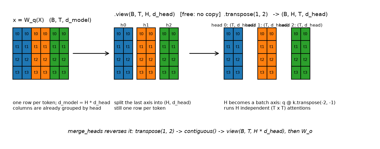 The (B, T, d) to (B, H, T, d_head) reshape