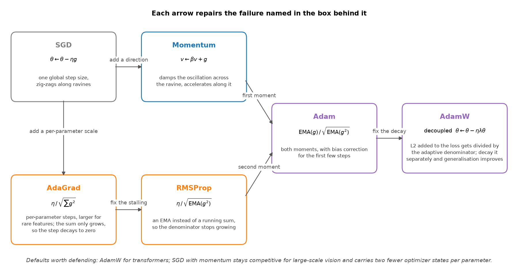 The optimizer lineage from SGD to AdamW